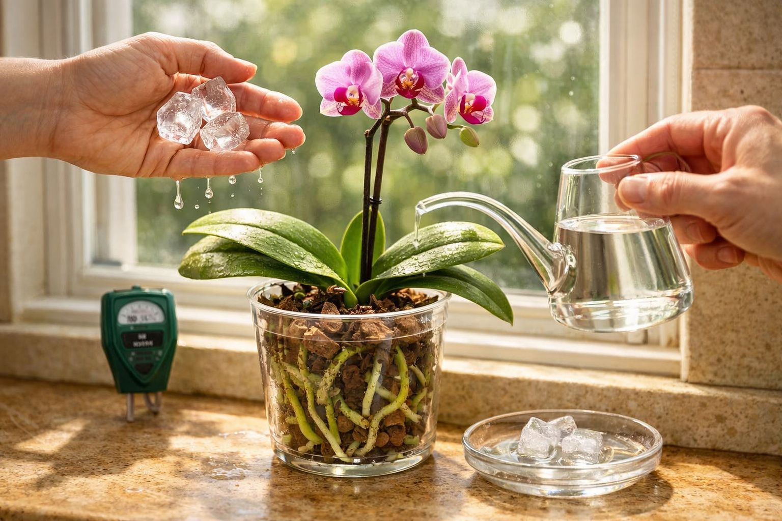 Mãos regando orquídea com água e segurando cubos de gelo, perto de medidor de umidade na janela.