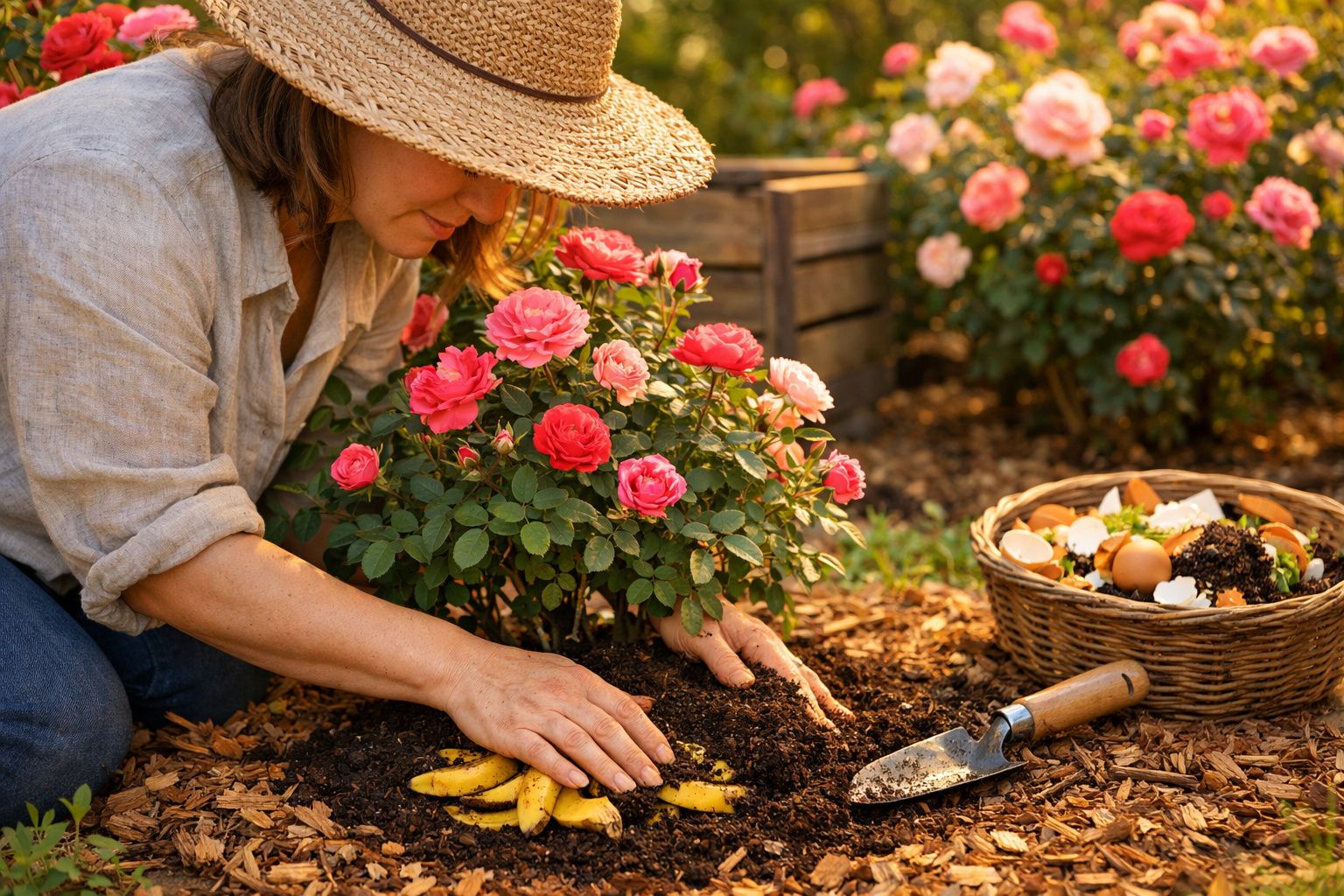 Mulher com chapéu cuida de rosa vermelha em jardim, com cesta de resíduos orgânicos ao lado.