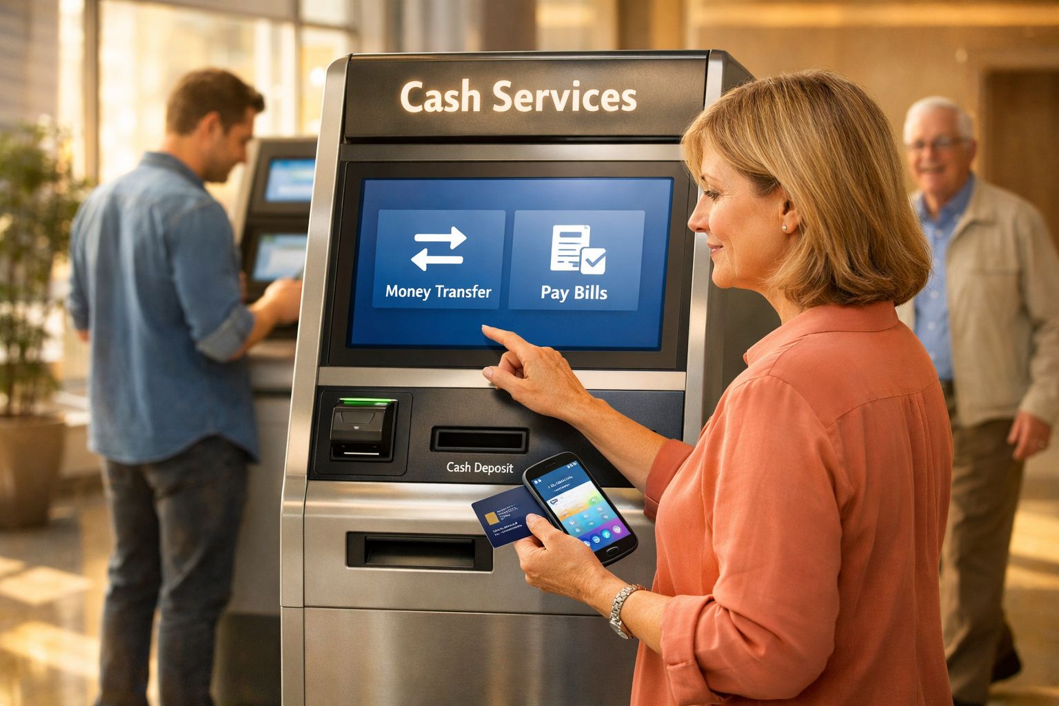 Mulher usando caixa eletrônico para transferir dinheiro e pagar contas com cartão e celular na mão.