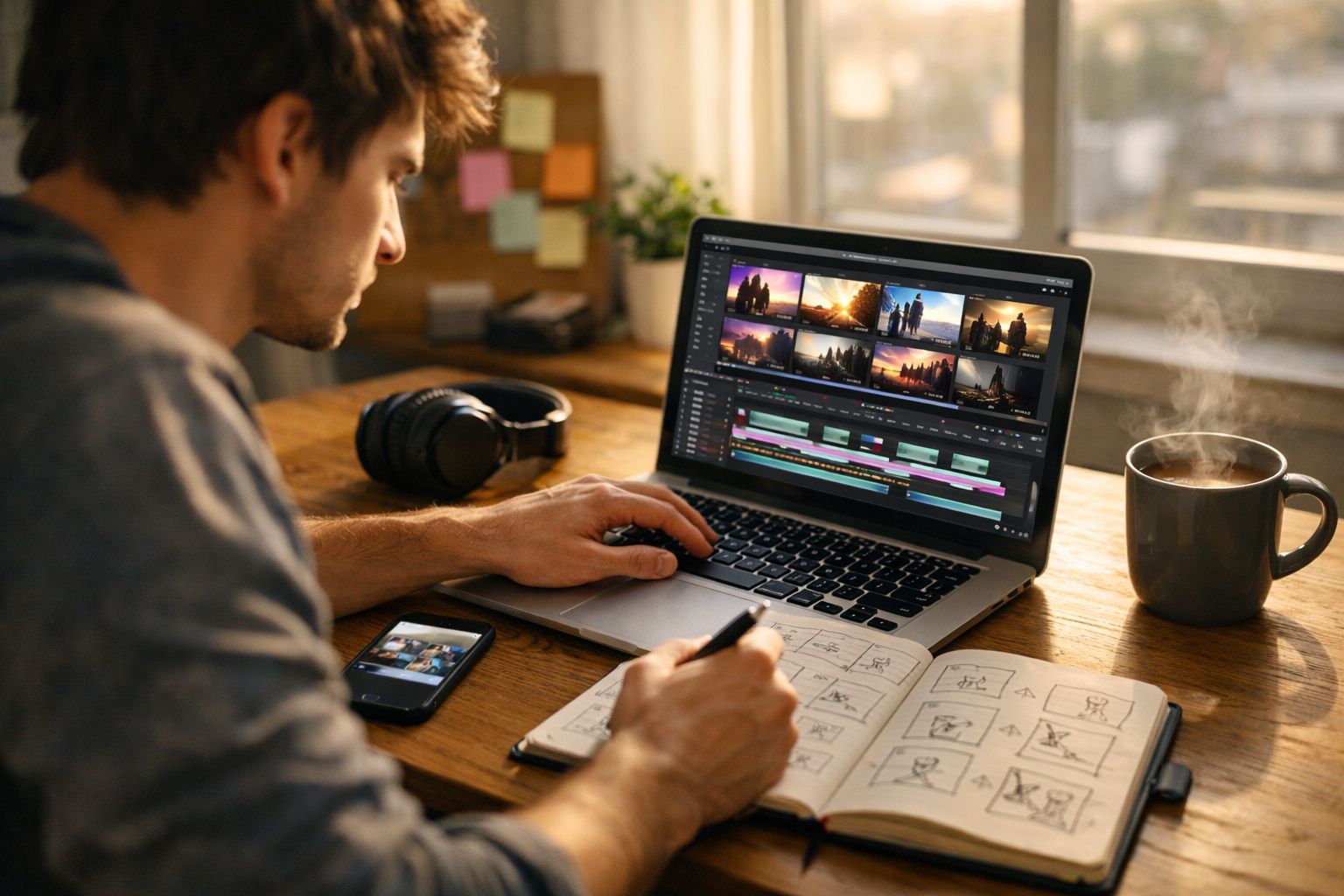 Homem editando vídeo no laptop com caderno de storyboard, celular e caneca de café em mesa de madeira.