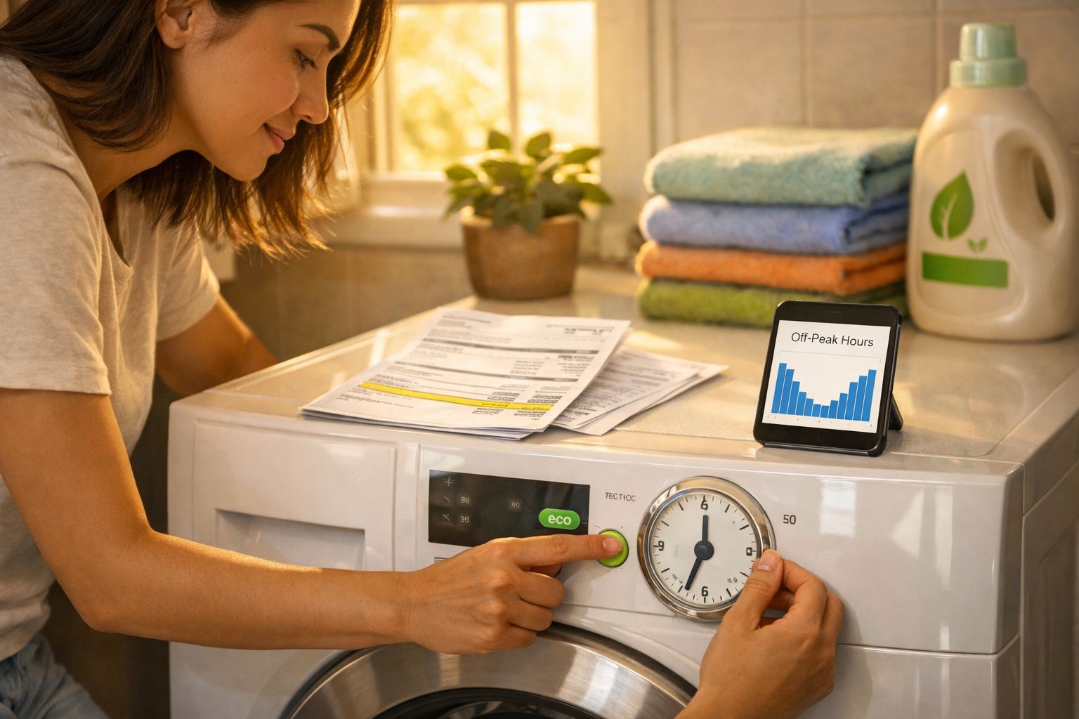 Mulher ajusta temporizador e botão eco em máquina de lavar roupa com tablet mostrando gráfico ao fundo.
