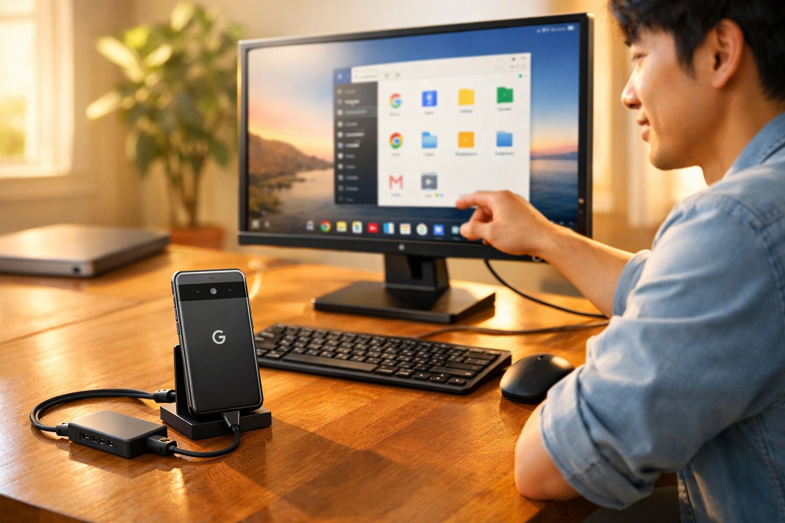 Pessoa interagindo com computador e smartphone Google conectado em mesa de madeira iluminada pela luz do sol.