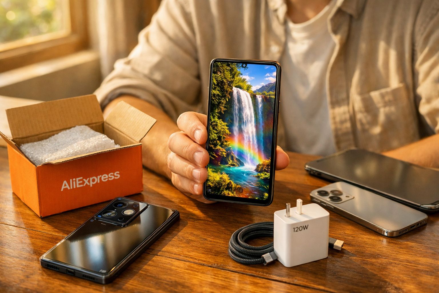 Pessoa segurando celular com imagem de cachoeira e arco-íris, sobre mesa com eletrônicos e caixa AliExpress.