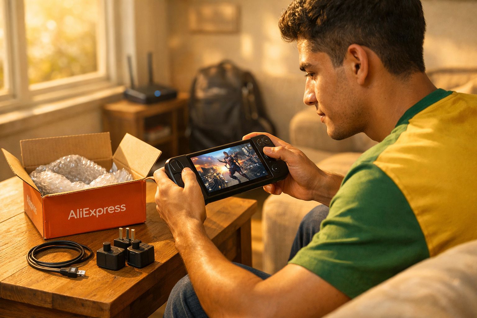 Jovem sentado jogando videogame portátil, ao lado caixa AliExpress e acessórios sobre mesa de madeira.