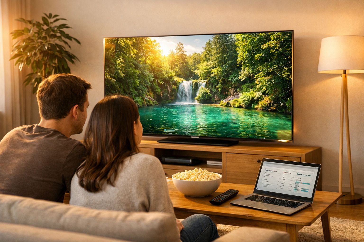 Casal sentado no sofá assistindo TV com imagem de cachoeira, laptop, pipoca e luminária ao lado.