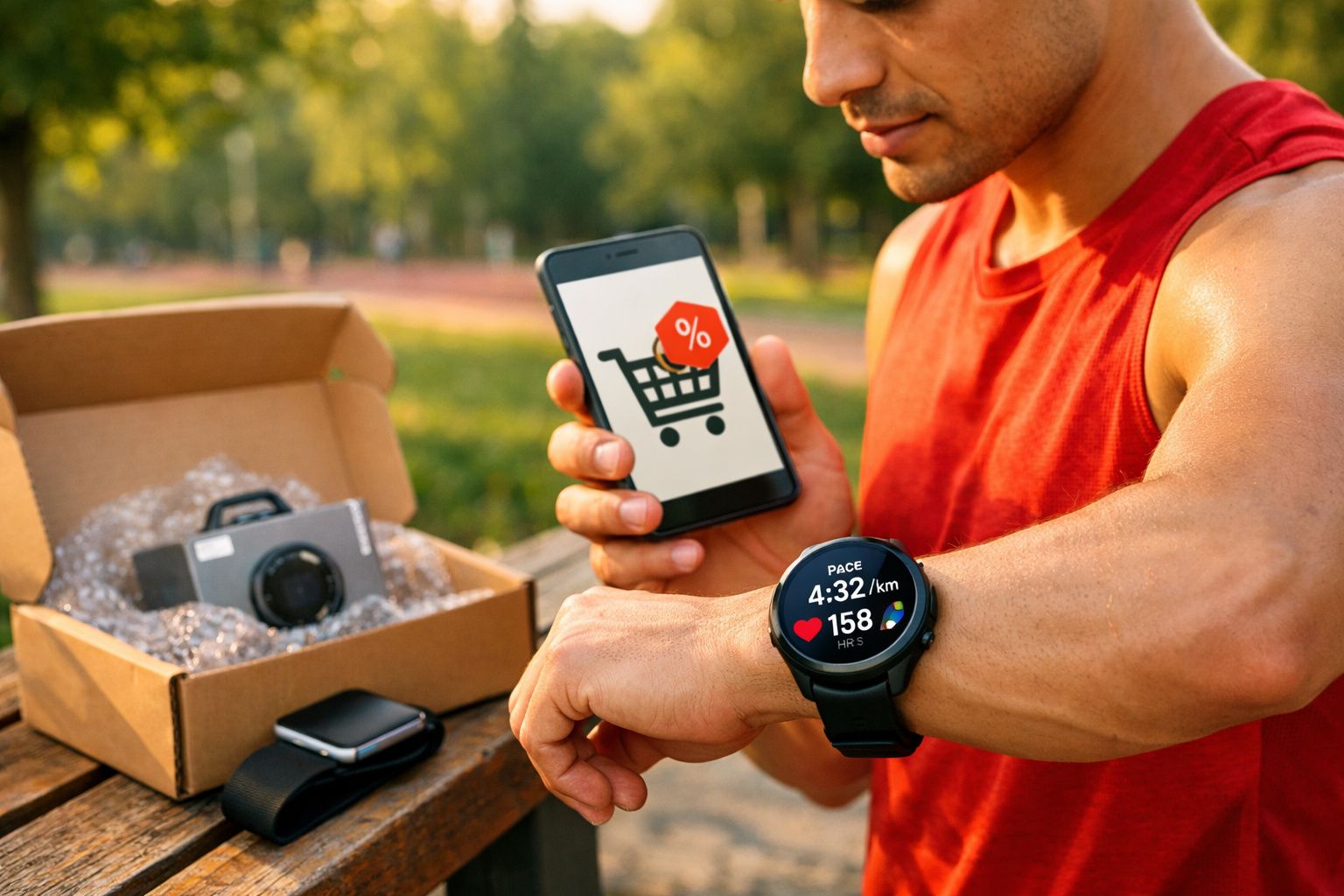 Homem com relógio esportivo verifica celular com símbolo de carrinho de compras e desconto ao ar livre.