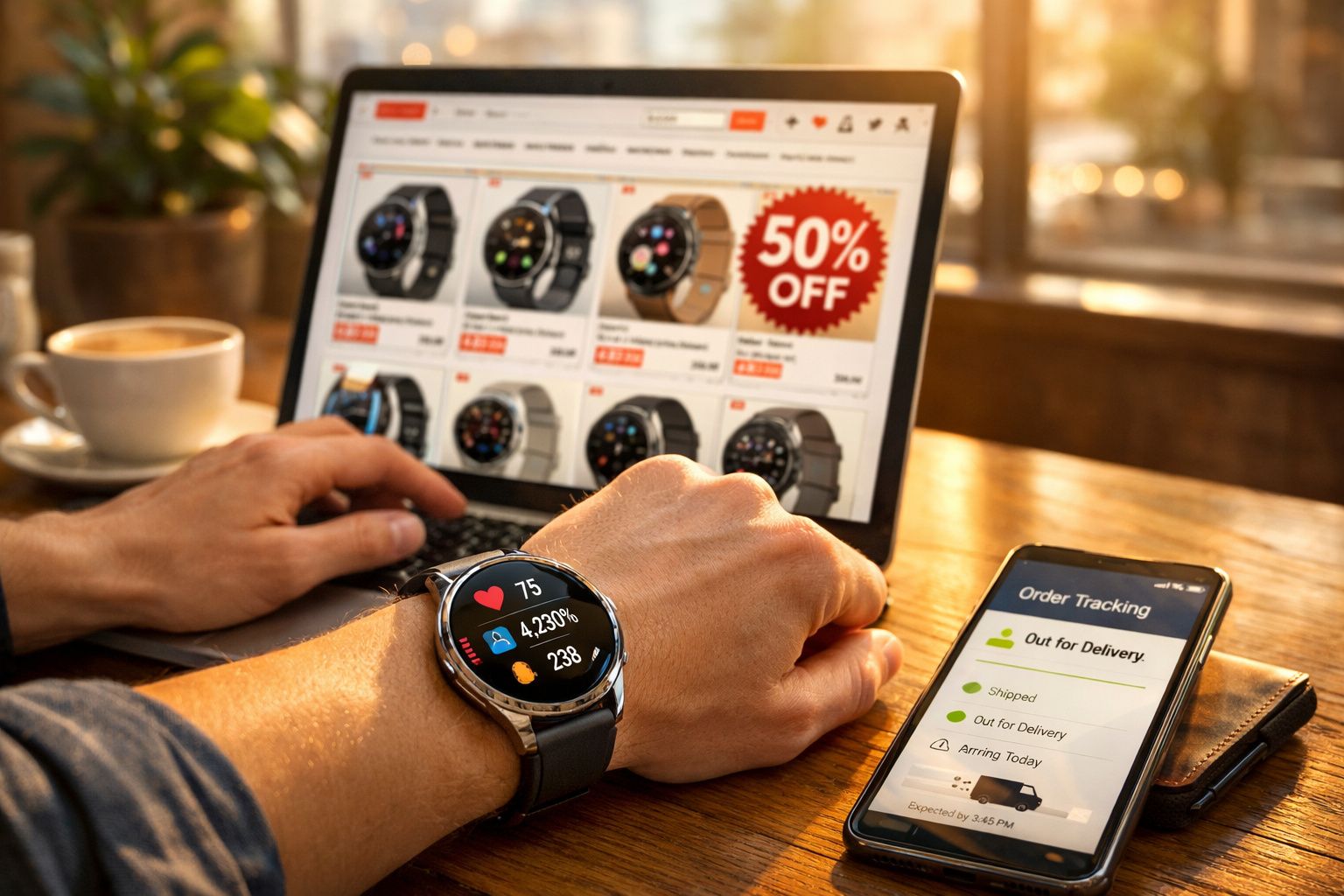 Pessoa usando relógio inteligente enquanto navega em loja online de relógios com promoção de 50% no laptop.