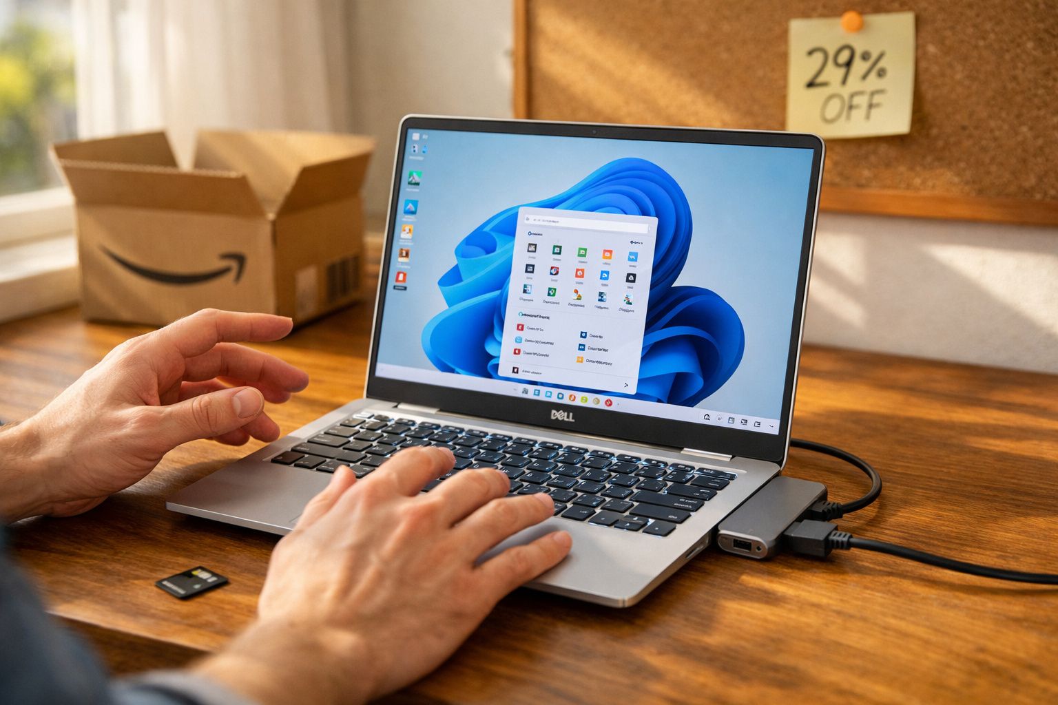 Pessoa usando notebook Dell com sistema Windows 11 aberto em mesa de madeira.