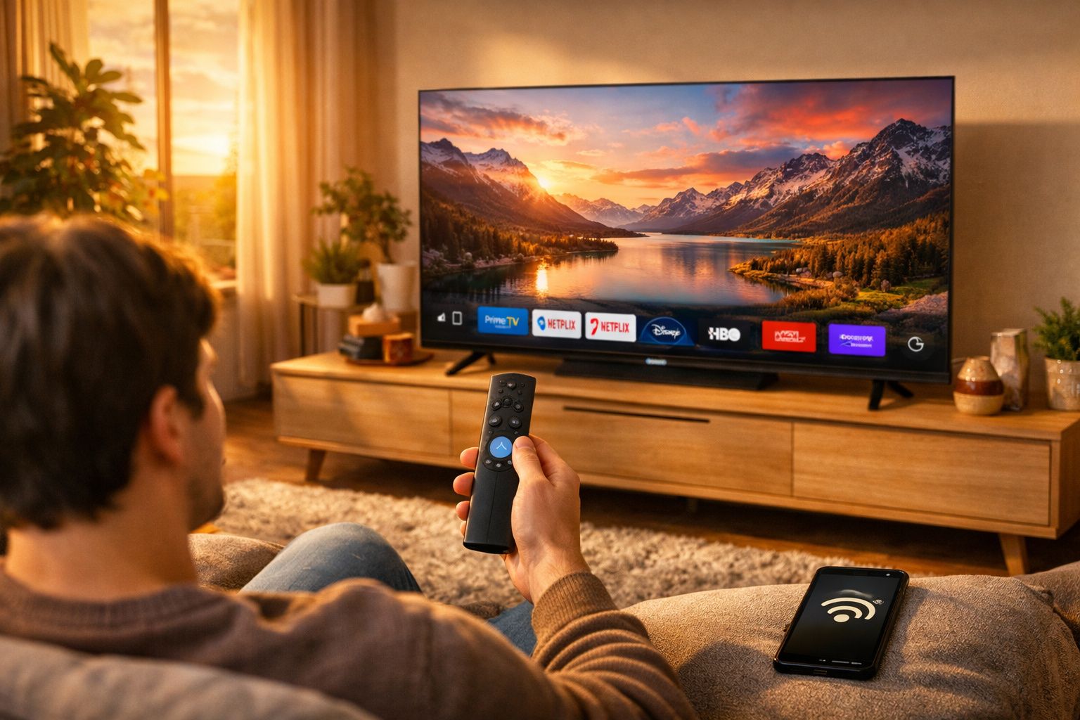 Homem assistindo TV com controle remoto, tela exibindo serviços de streaming e pôr do sol na montanha.