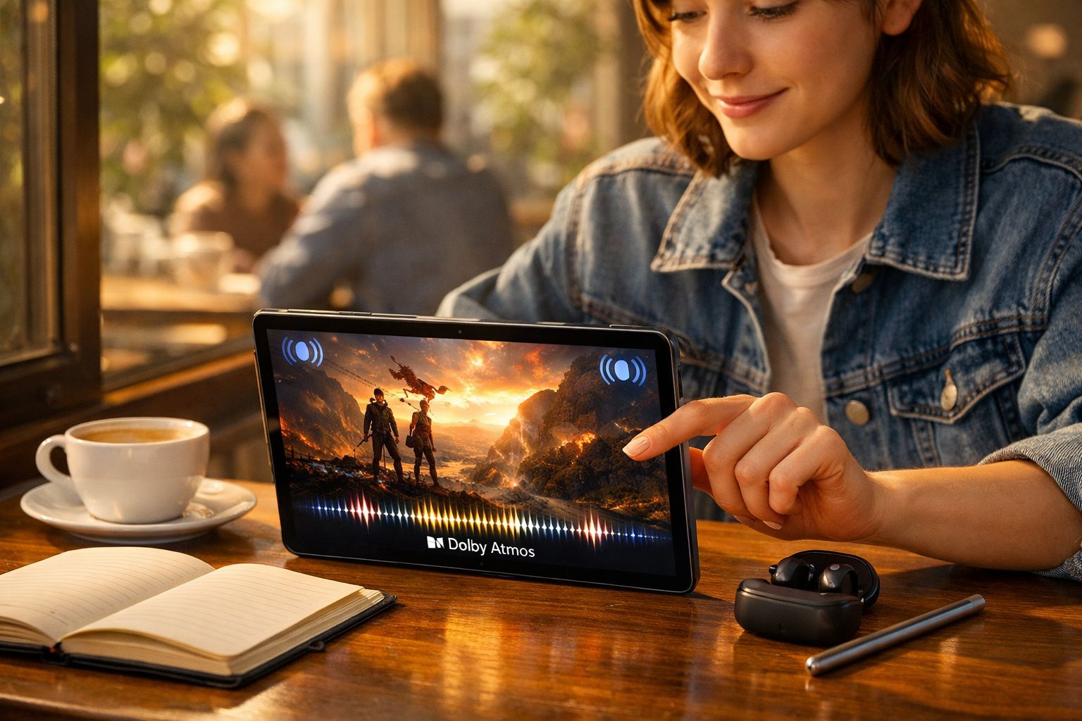 Mulher usando jaqueta jeans assiste vídeo em tablet com fones sem fio e café sobre a mesa.