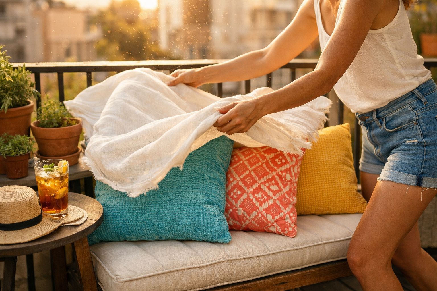 Pessoa arrumando manta branca sobre almofadas coloridas em varanda com mesa, chapéu e copo com bebida.