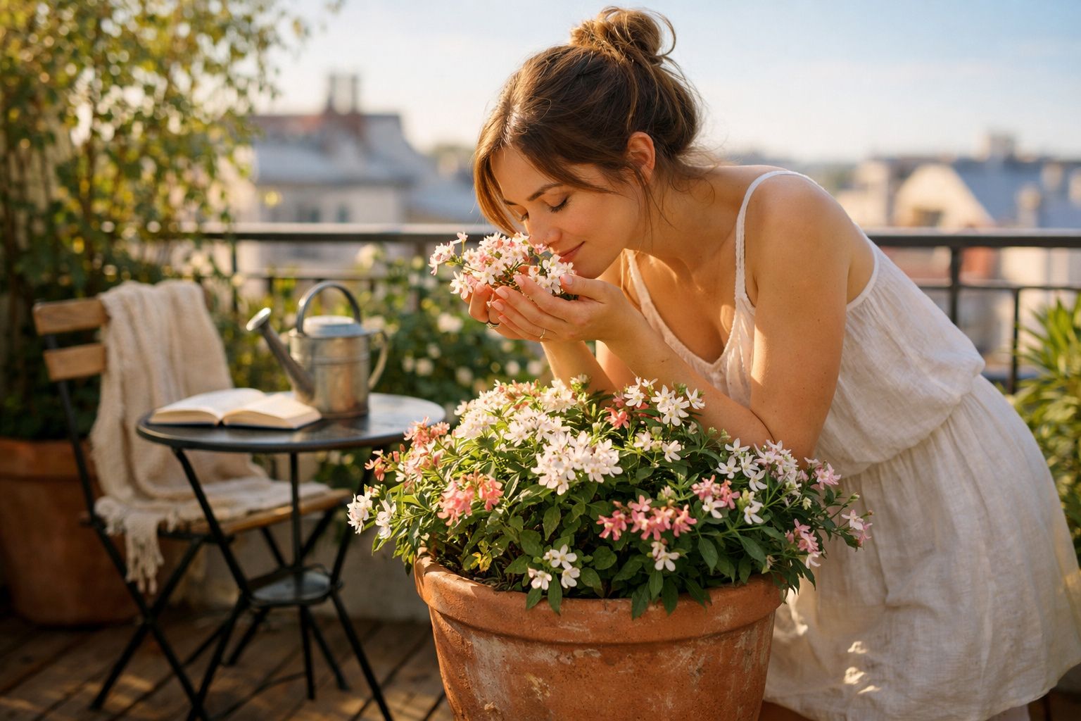 Mulher cheirando flores brancas e rosas em vaso grande em varanda ensolarada com mobília ao fundo.