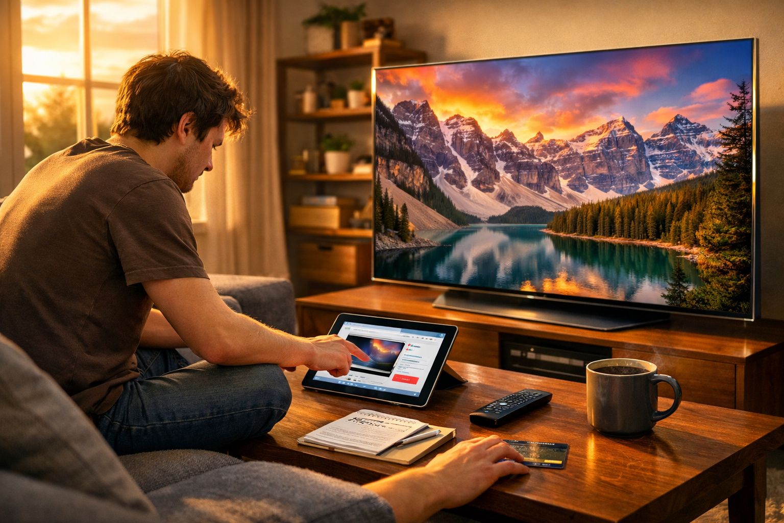 Homem sentado no sofá usando tablet com paisagem de montanhas na TV e itens sobre a mesa de madeira.