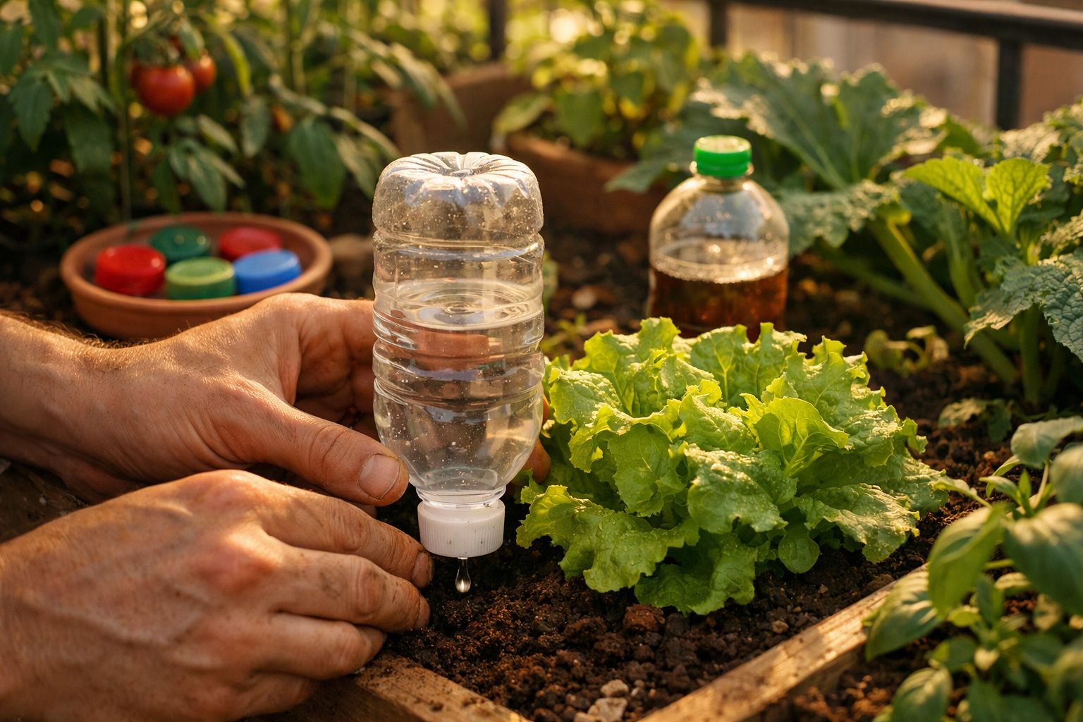 Pessoa regando alface em horta caseira usando garrafa plástica reaproveitada como regador.