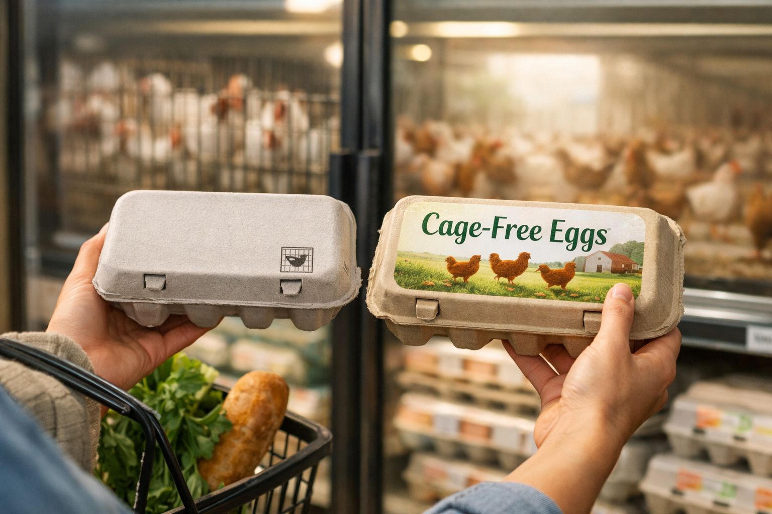 Pessoa comparando embalagens de ovos em supermercado, incluindo ovos cage-free, com galinhas ao fundo.