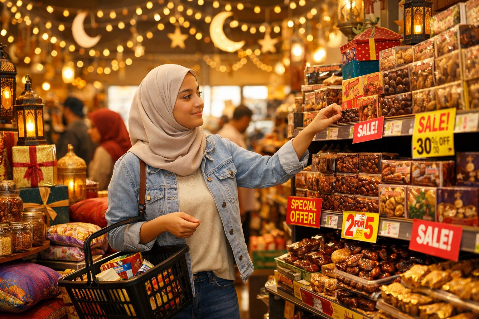 Mulher de hijab comprando tâmaras em mercado decorado com luzes e etiquetas de promoções especiais.
