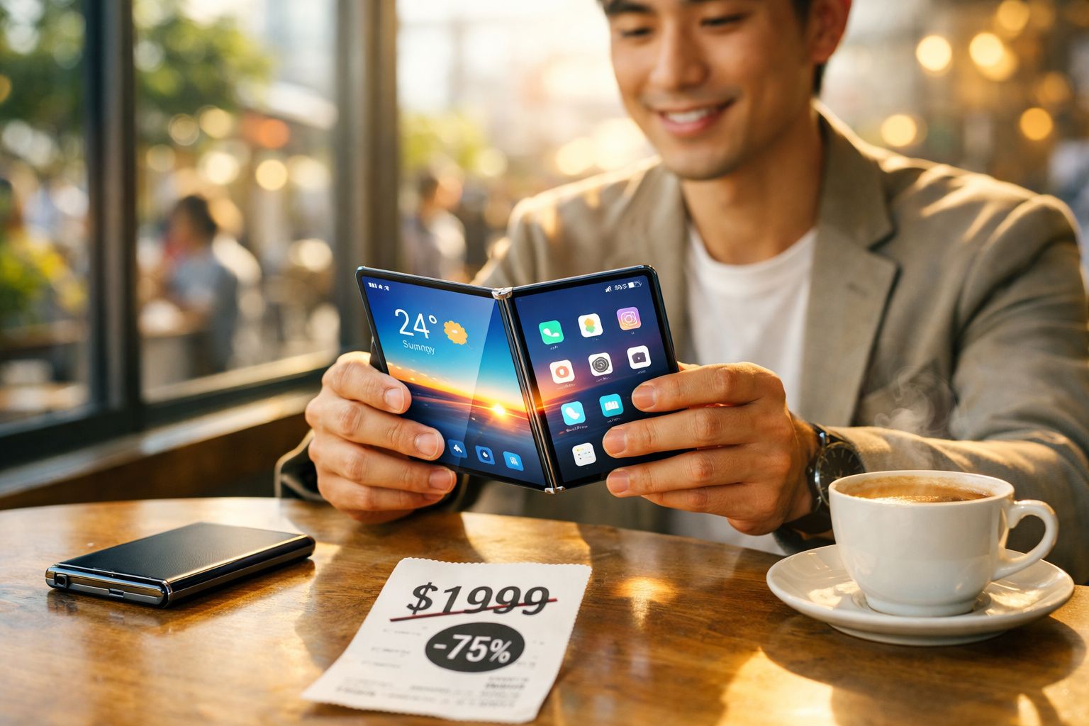 Pessoa segurando smartphone dobrável aberto em mesa com café e desconto de 75% em papel.