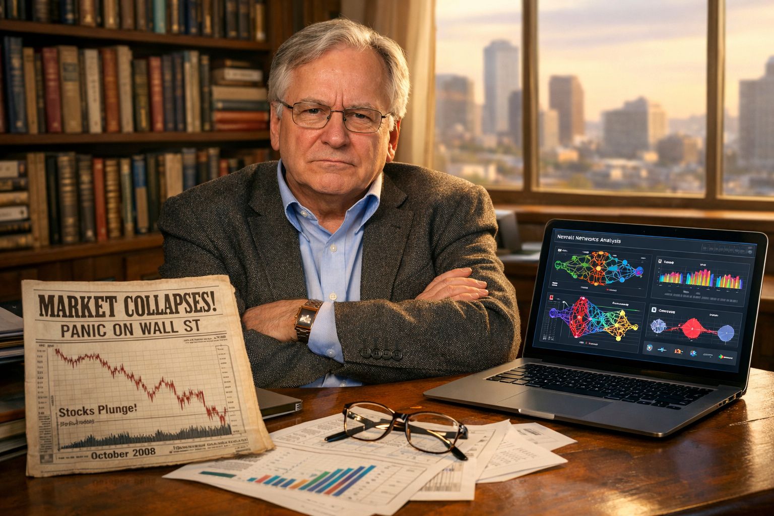 Homem sério sentado à mesa com jornais, gráficos financeiros e notebook exibindo análise de redes neurais.