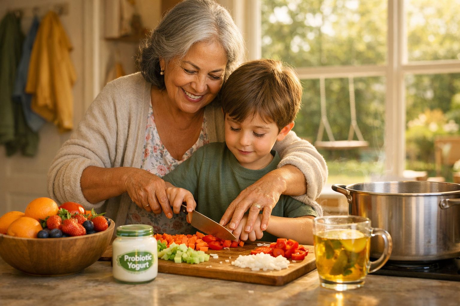 Idosa ensina menino a cortar legumes em cozinha com frutas, iogurte e chá na bancada.