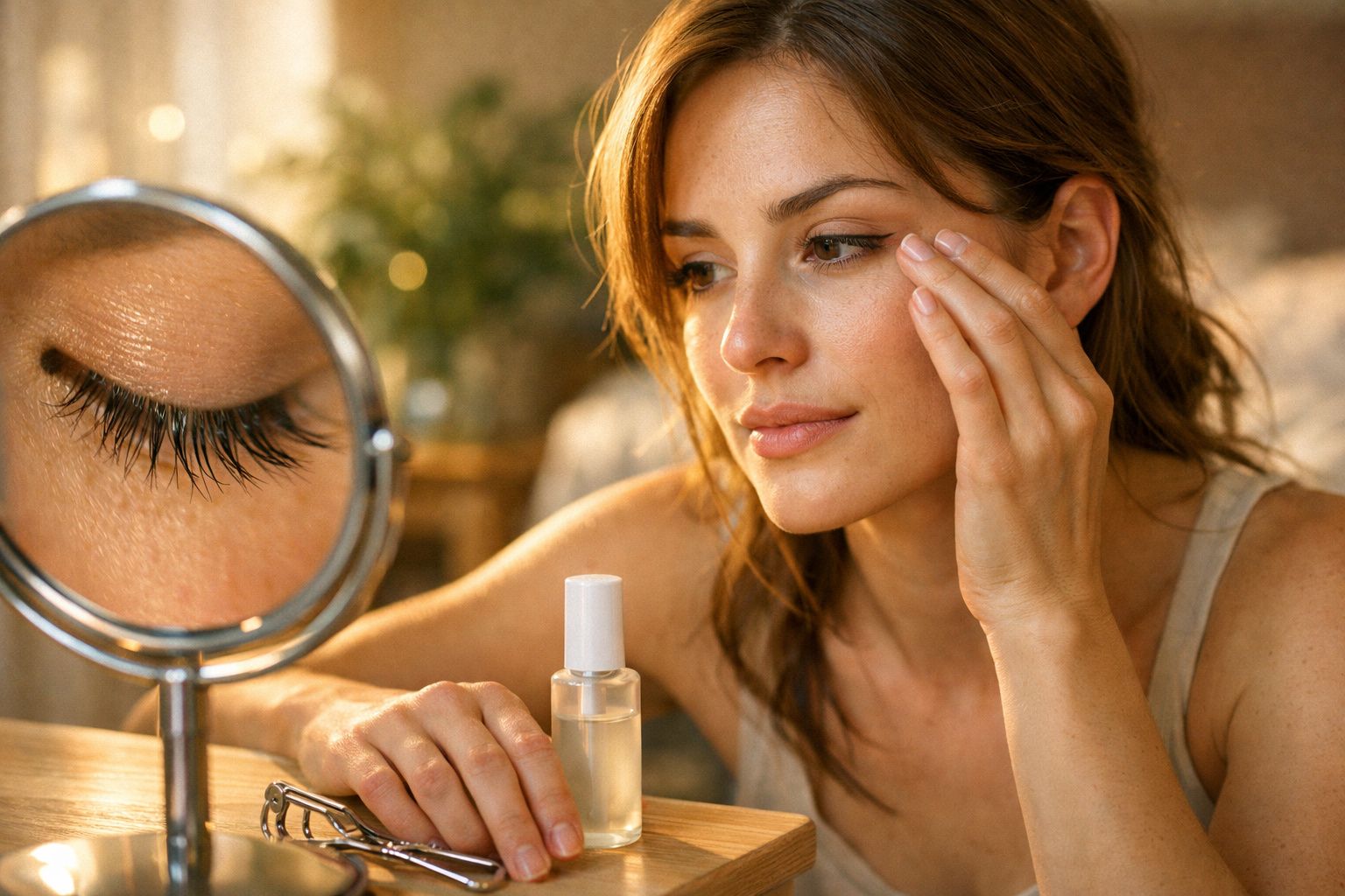Mulher aplicando creme facial enquanto se observa no espelho em ambiente aconchegante.