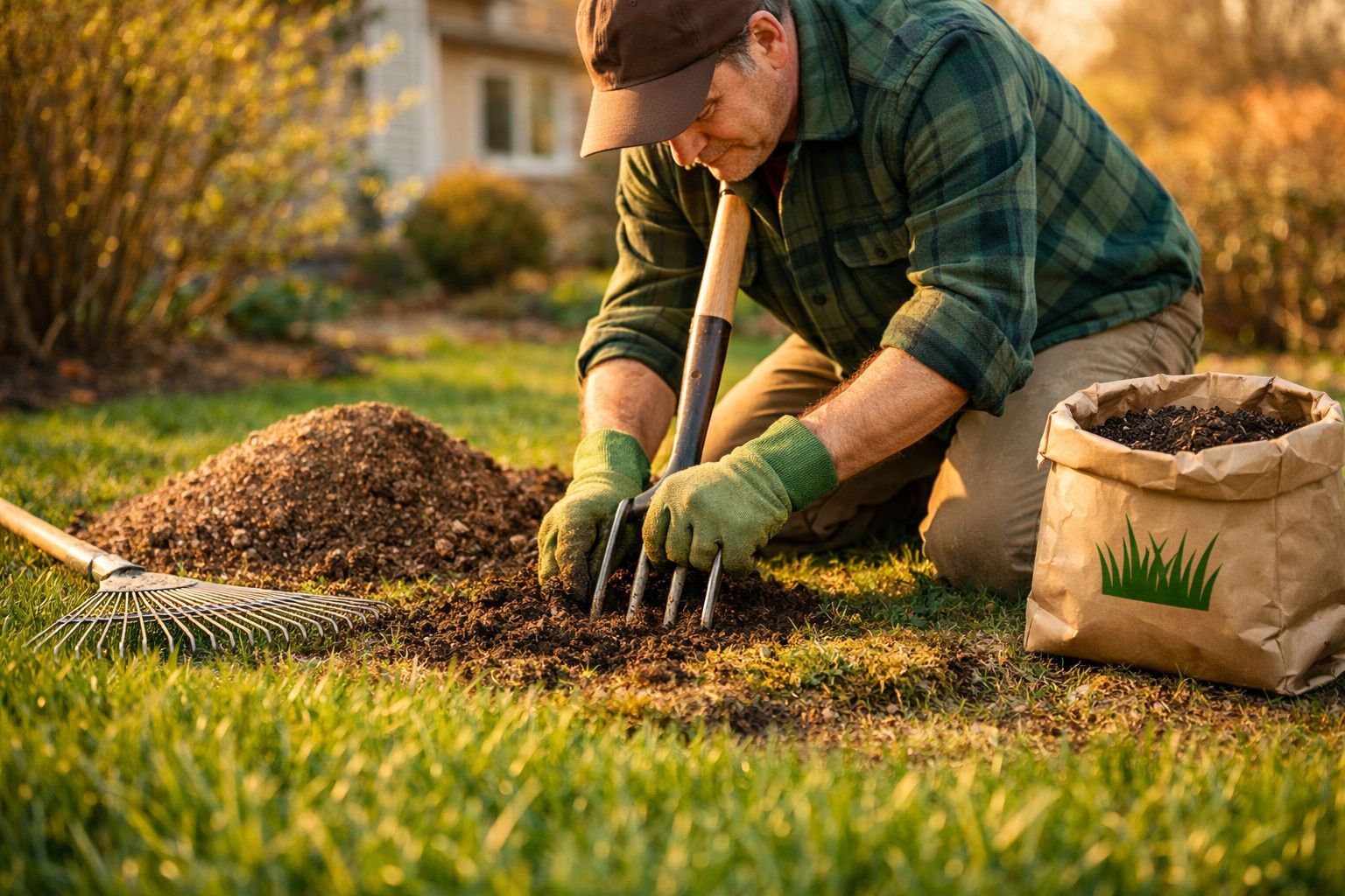 Homem com boné e luvas cultivando solo em jardim com ancinho e saco de terra ao lado.