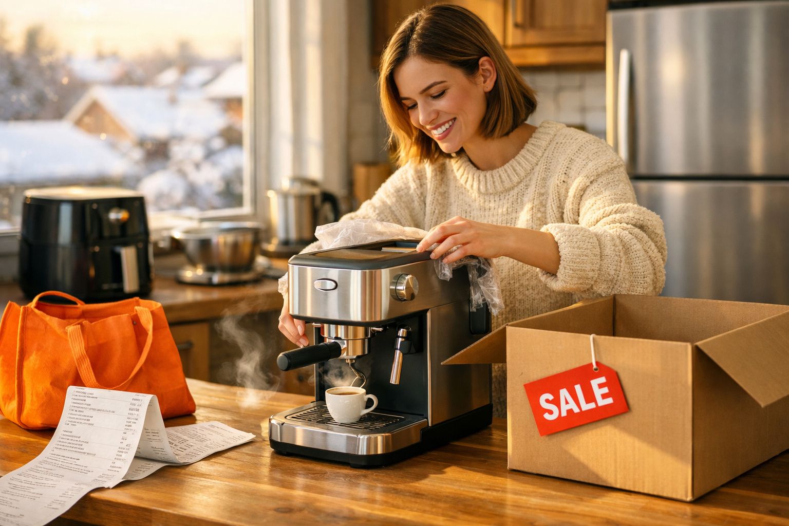 Mulher feliz usando máquina de café expresso recém-comprada em cozinha iluminada e aconchegante.