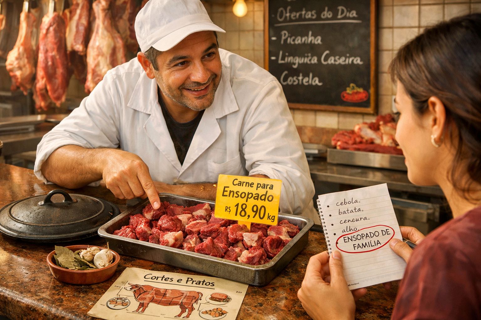 Vendedor de carne apontando para pedaços de carne para ensopado enquanto cliente segura lista de ingredientes.