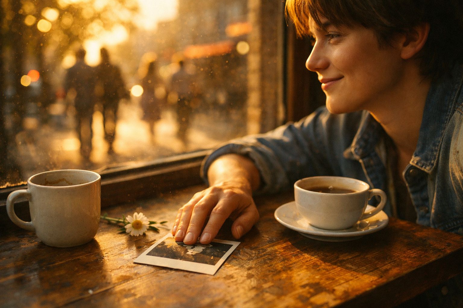 Pessoa sorridente sentada à mesa com café, segurando foto polaroide perto de janela em luz dourada.