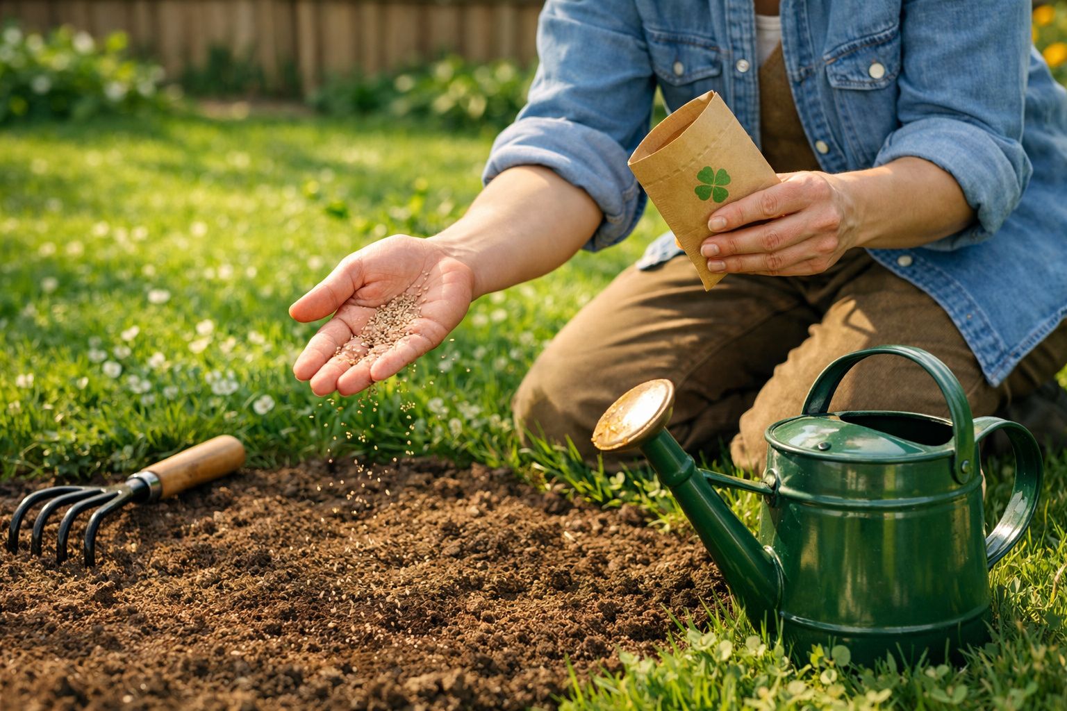 Pessoa sem rosto semeando sementes em canteiro de terra, com regador verde e ancinho ao lado.