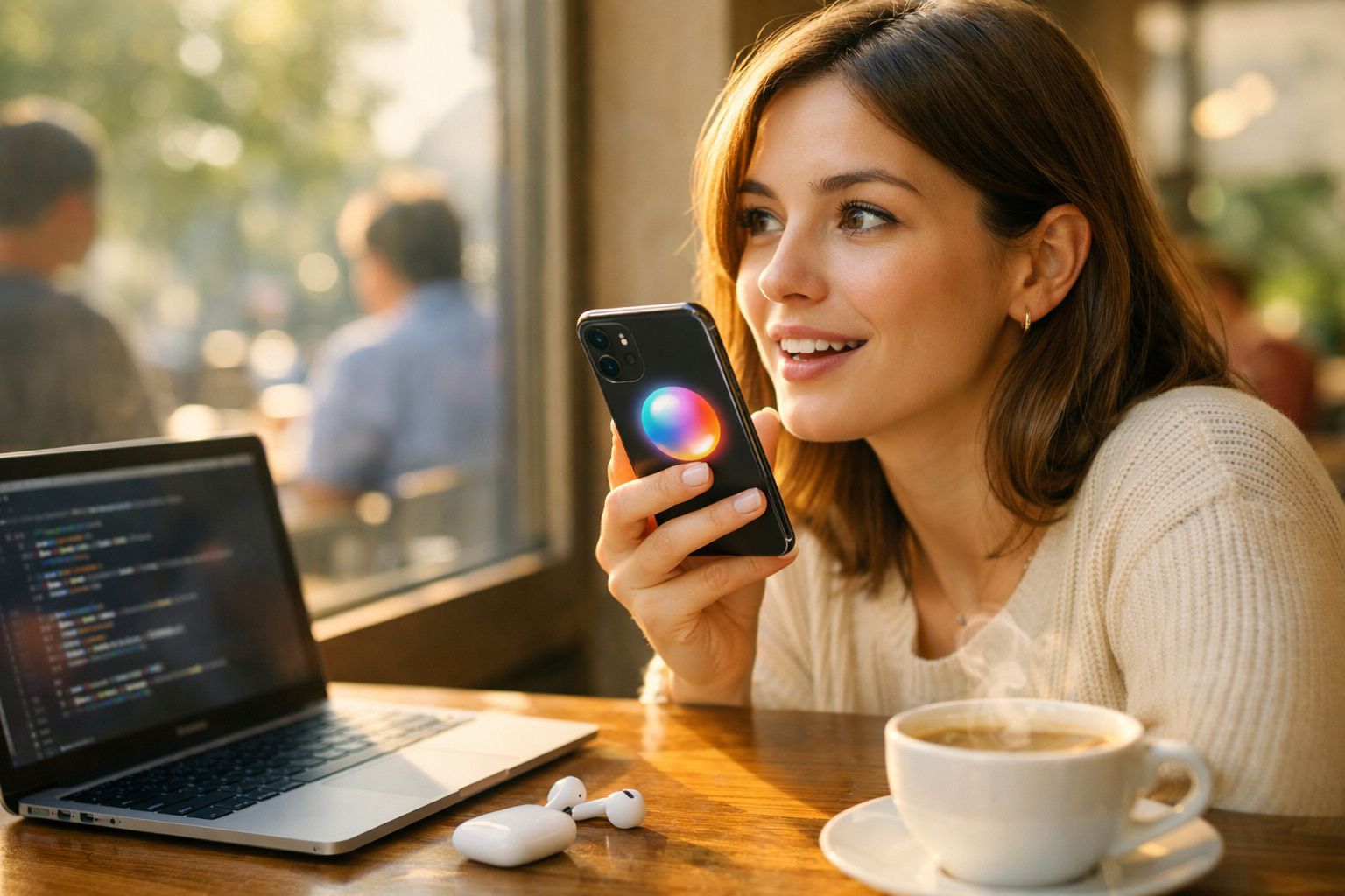 Mulher sorridente usando smartphone, laptop com código aberto e xícara de café em cafeteria iluminada.