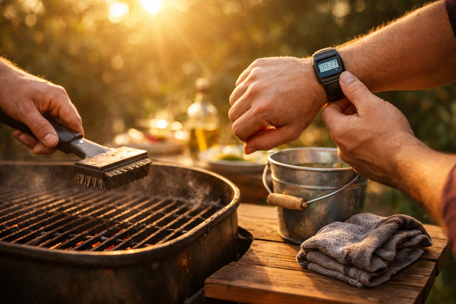 Pessoa limpando churrasqueira com escova enquanto outra verifica o relógio em ambiente externo iluminado.