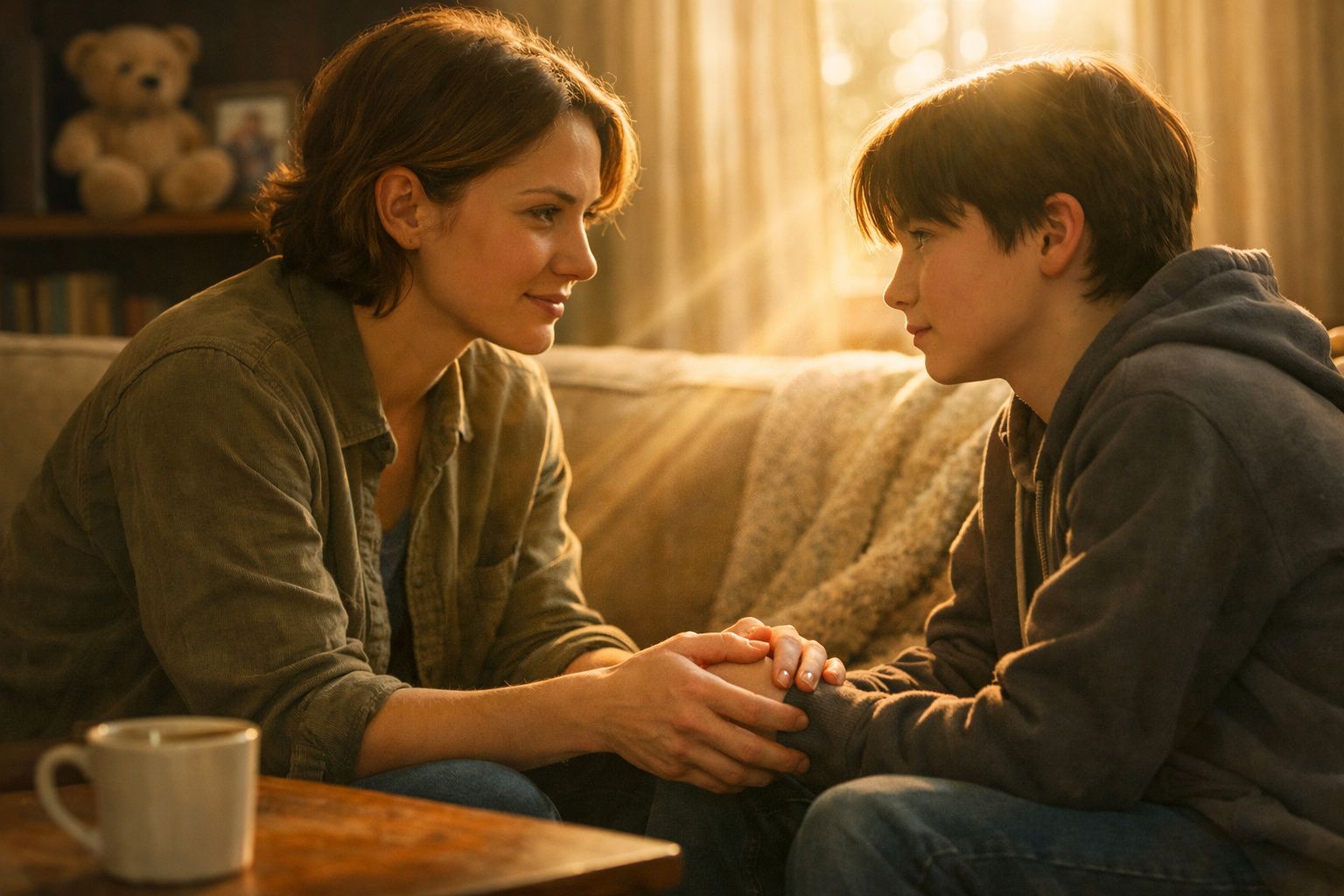 Mulher e menino sentados no sofá, olhando nos olhos e segurando as mãos com luz suave ao fundo.