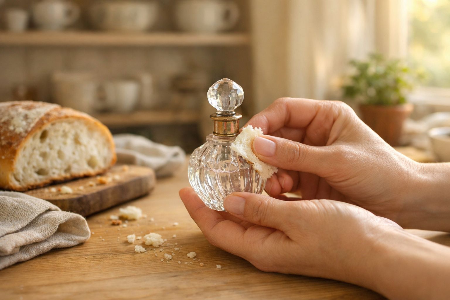 Mãos segurando pão para limpar um frasco de perfume de vidro sobre mesa de madeira com pão ao fundo.