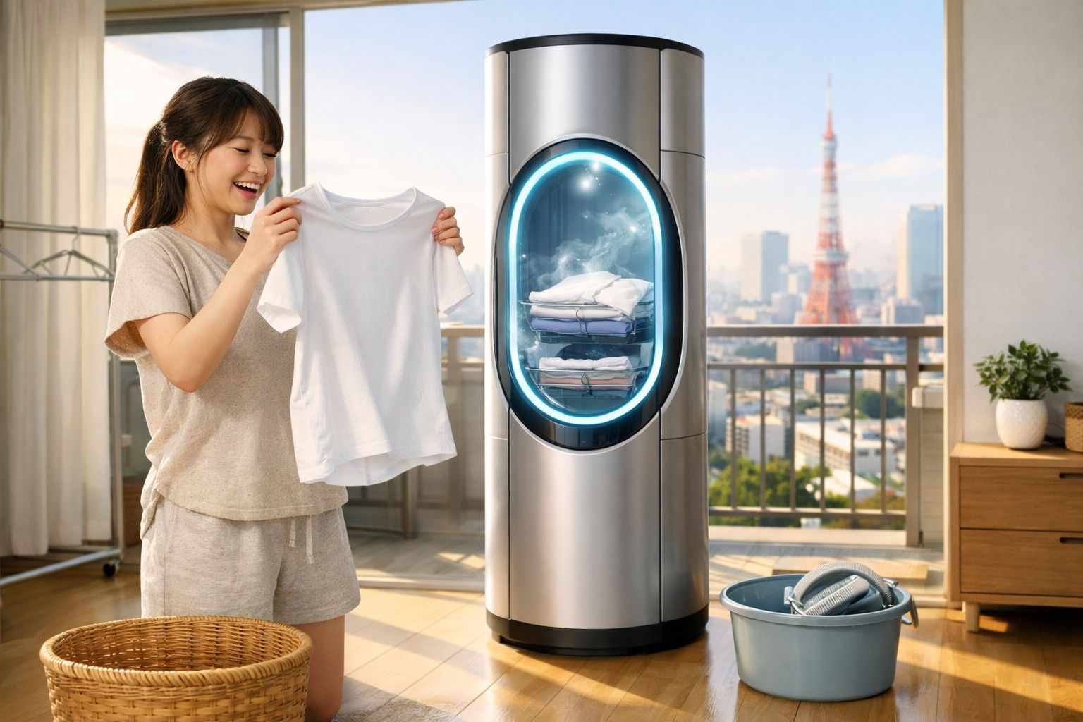 Mulher sorrindo pegando camiseta branca seca de aparelho moderno de secagem no apartamento com vista urbana.