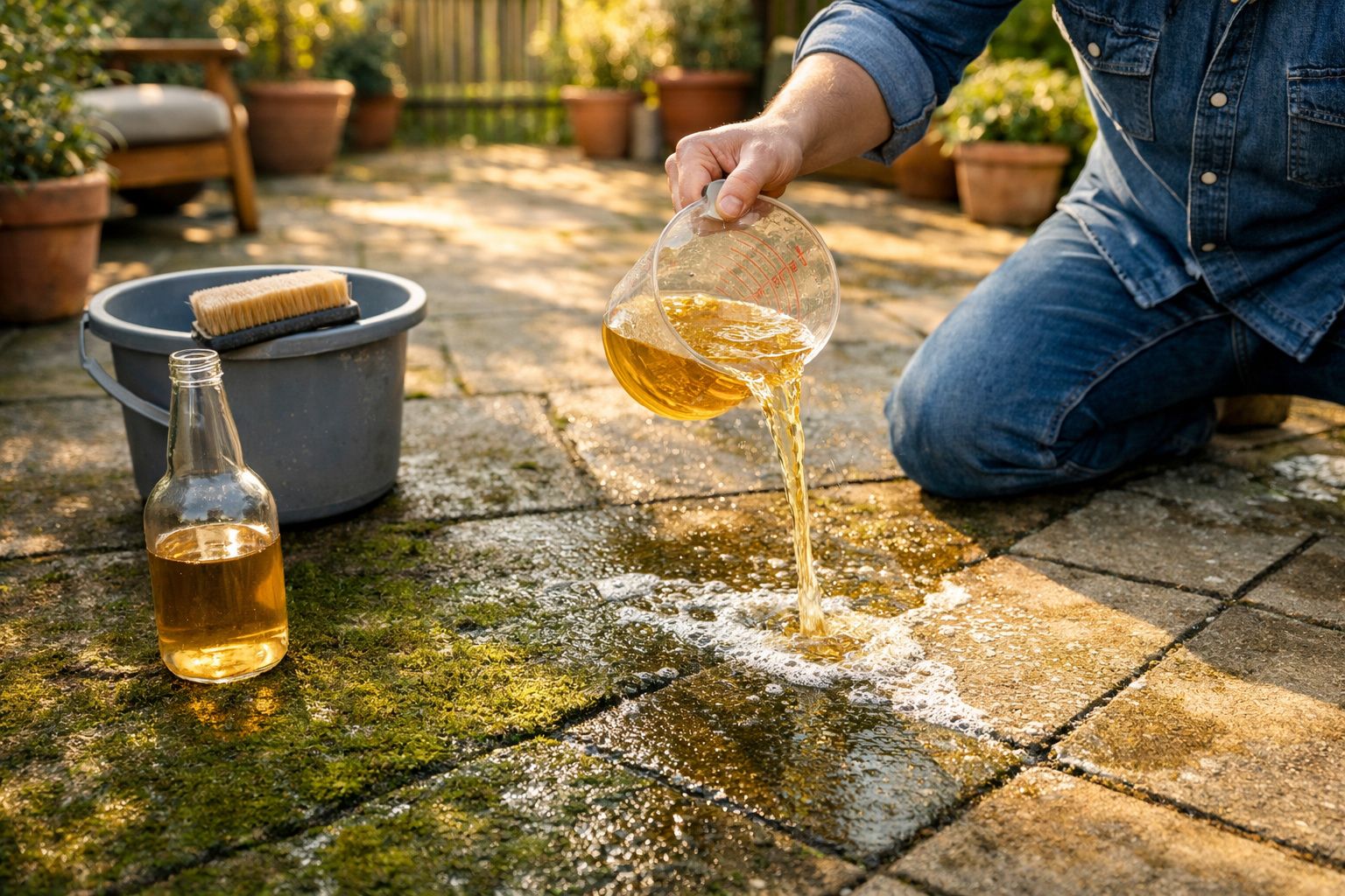 Pessoa derramando líquido amarelo sobre musgo em pedras do chão, com balde e escova ao lado.
