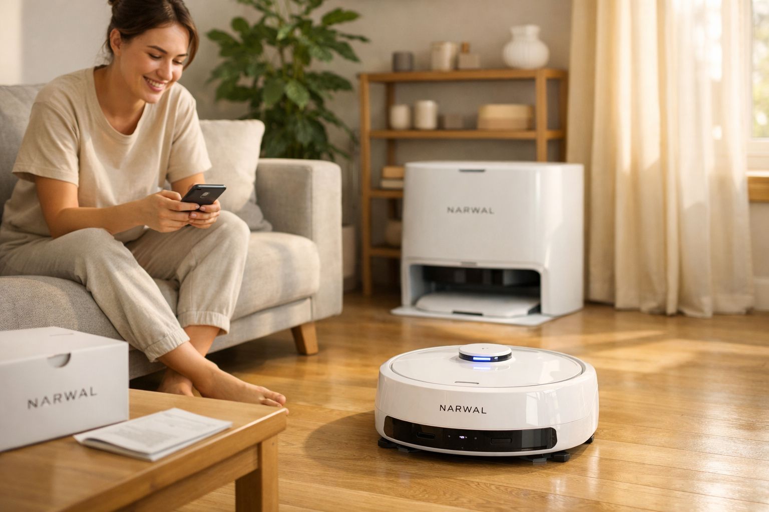 Mulher sentada no sofá controlando aspirador robô Narwal em sala de estar com piso de madeira.