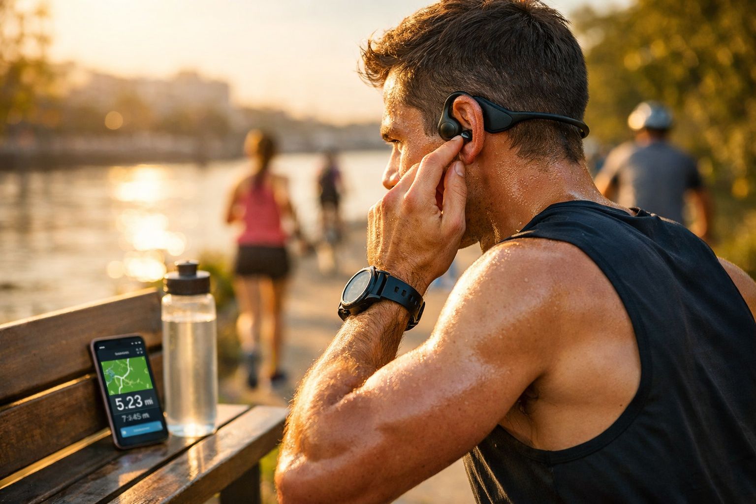 Homem suado usando fones de ouvido ao ar livre, sentado perto de um banco com garrafa e celular exibindo corrida.