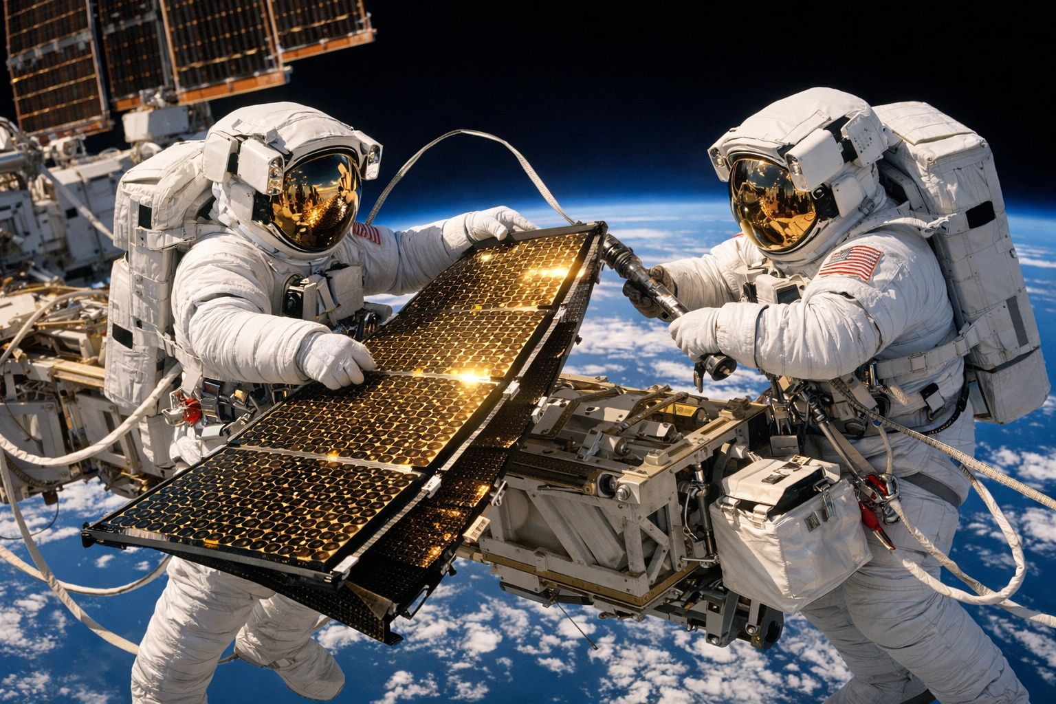 Dois astronautas realizando manutenção em painel solar na Estação Espacial Internacional.