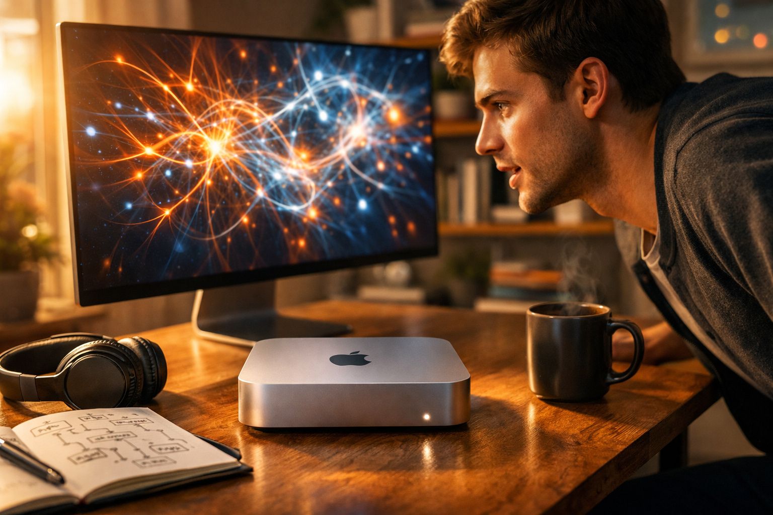 Homem observa tela de computador com gráficos digitais, ao lado de notebook aberto e xícara de café.
