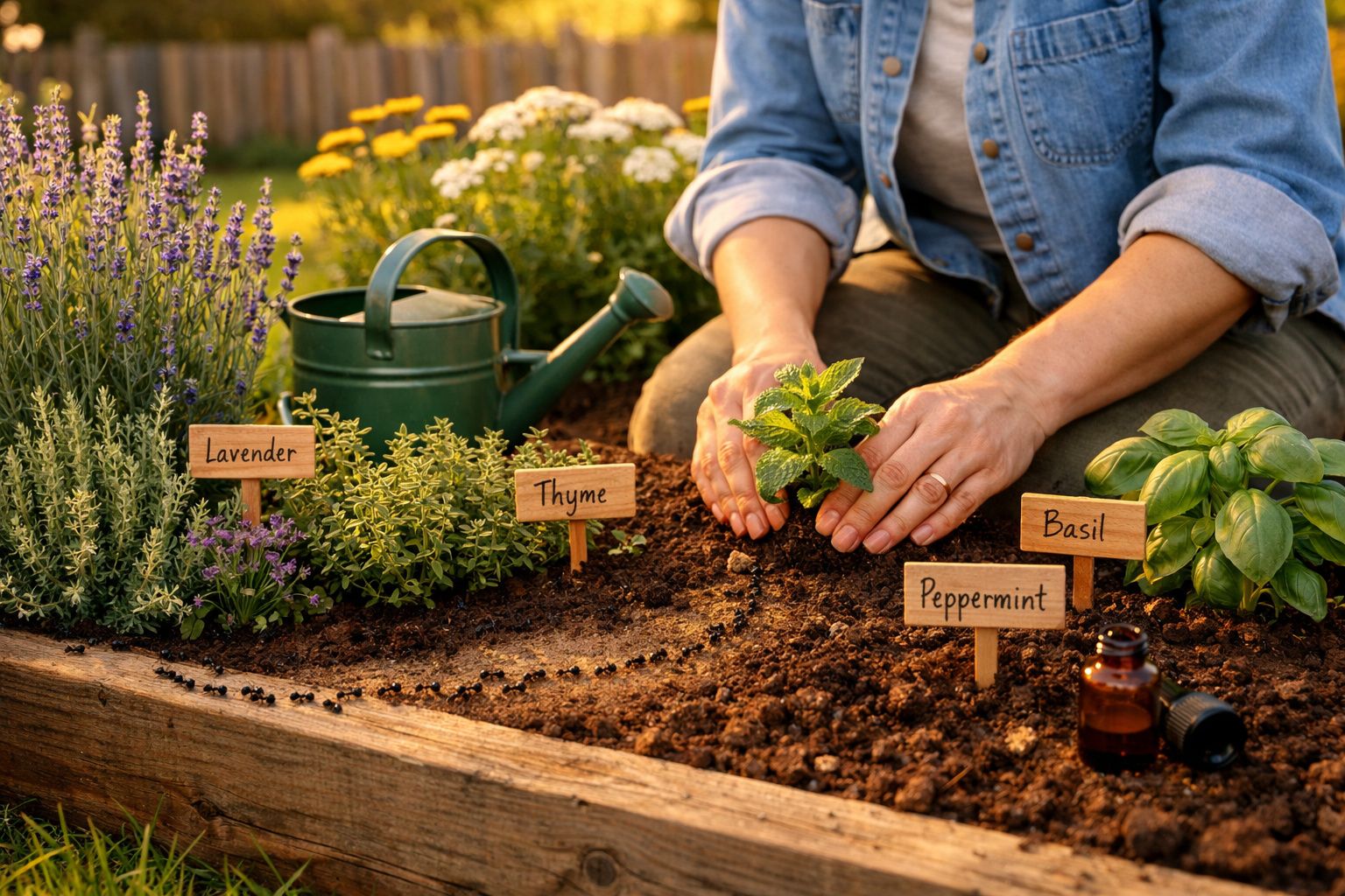 Pessoa plantando hortelã em canteiro de ervas com placas de lavanda, tomilho, hortelã-pimenta e manjericão.