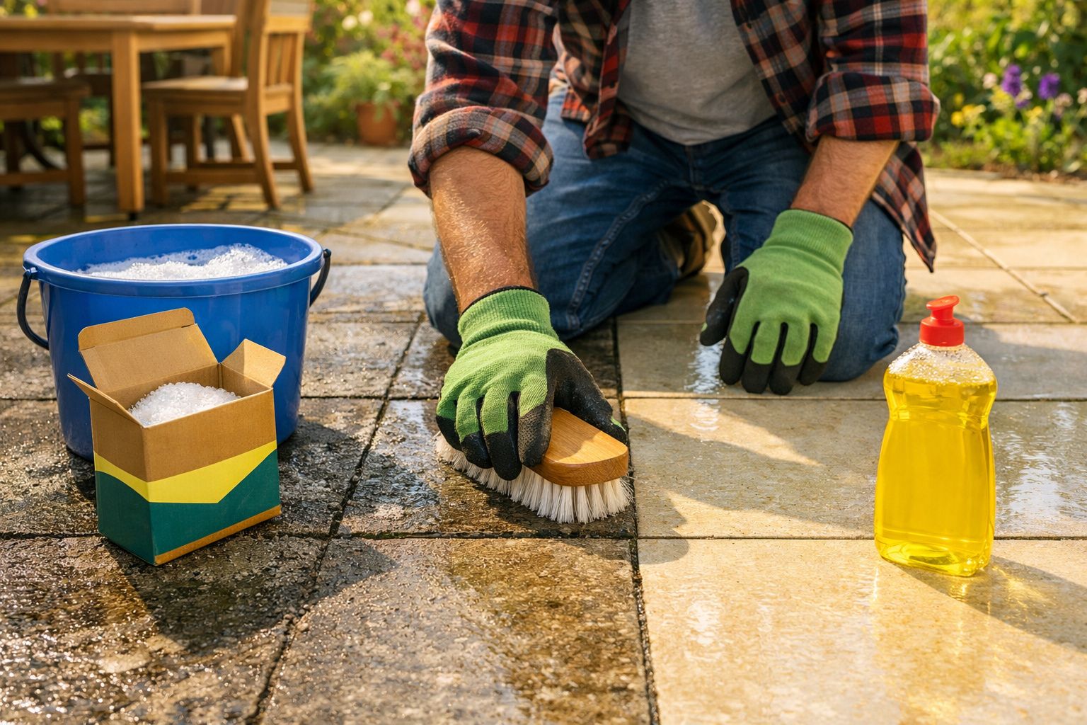 Pessoa usando luvas verdes limpando piso de pedra com escova, balde com espuma e detergente amarelo.