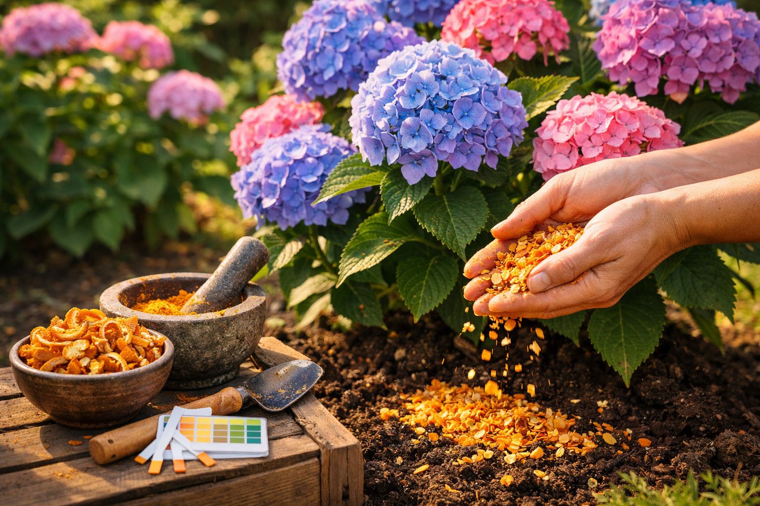 Mãos espalhando adubo natural em solo perto de hortênsias rosas e lilás em um jardim.