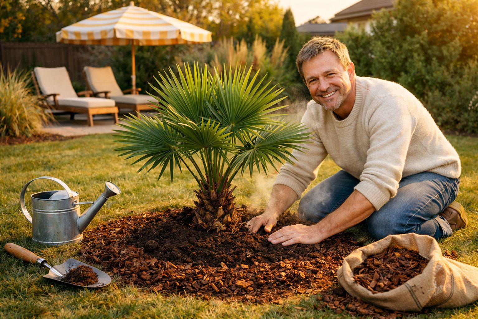 Homem sorridente cuidando de uma muda de palmeira em jardim com regador e pá ao lado.