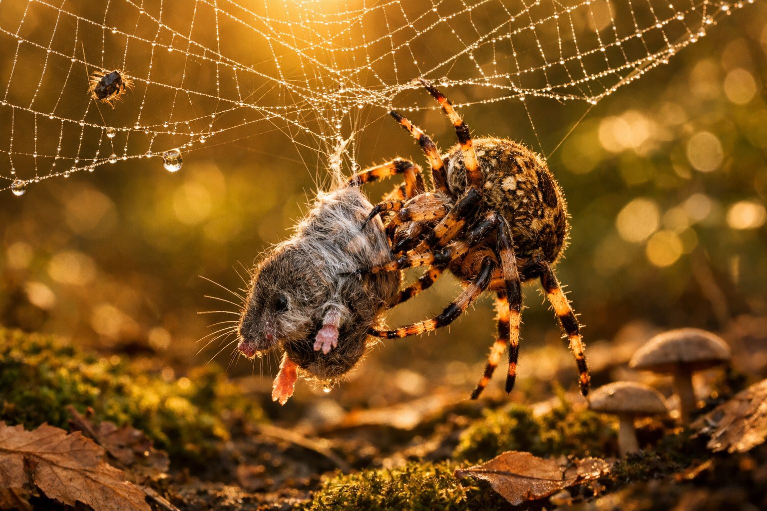 Aranha marrom captura rato preso em teia de aranha com gotas de orvalho ao amanhecer.