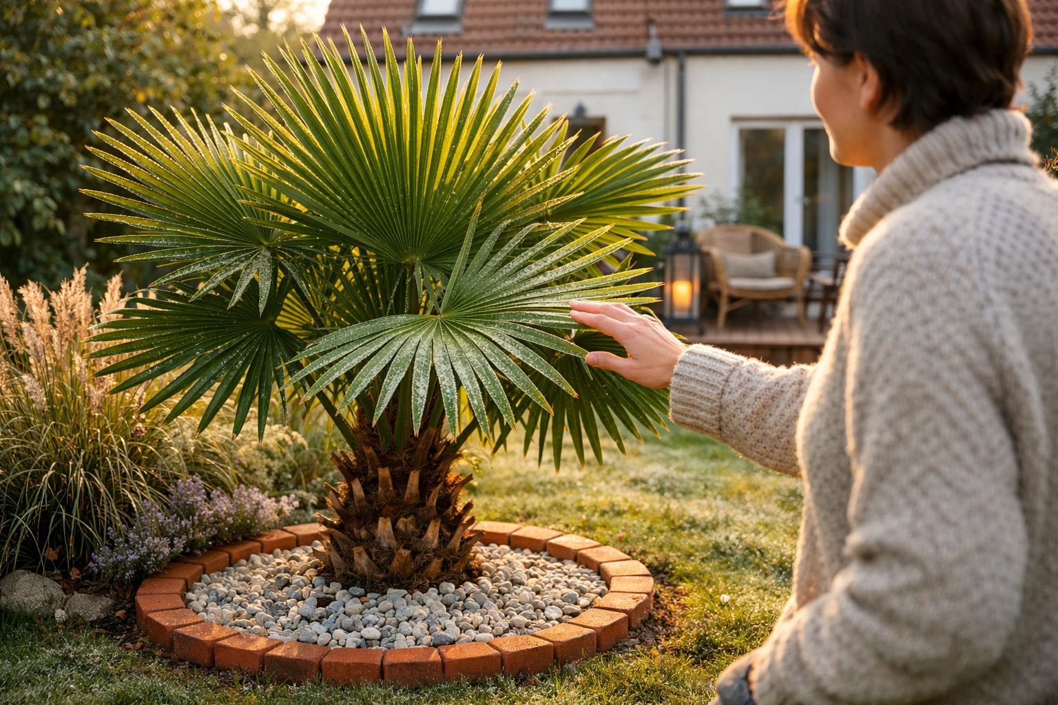 Pessoa tocando folha de palmeira grande em jardim ensolarado com pedras decorativas e casa ao fundo.