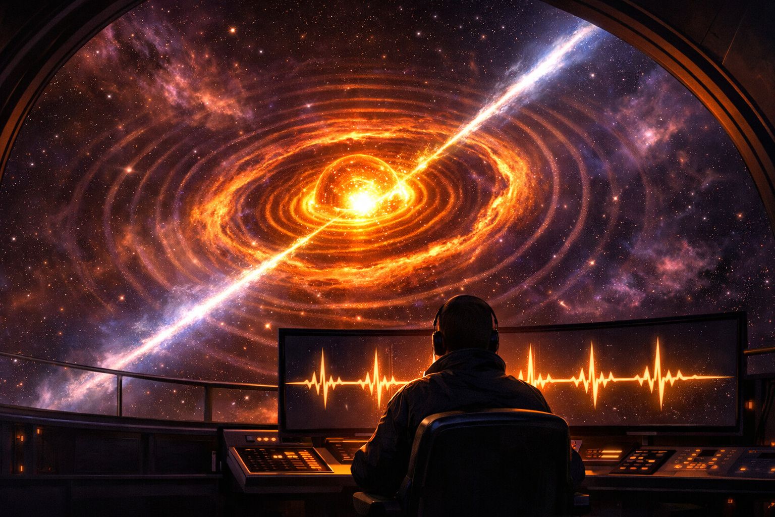 Pessoa observando um fenômeno cósmico brilhante com painéis de controle e gráfico de ondas vibratórias.