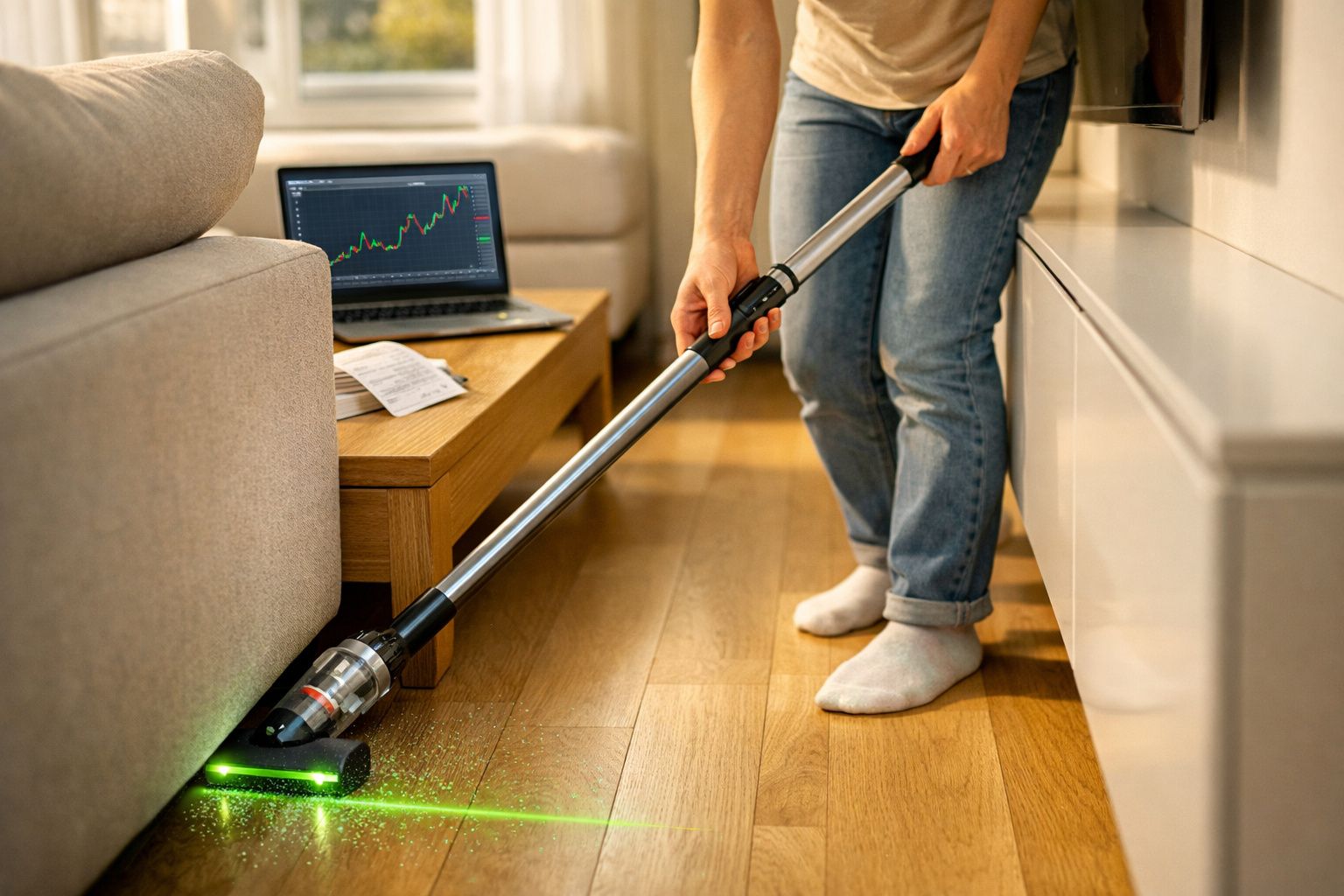 Pessoa usando aspirador de pó para limpar chão de madeira próximo a sofá e mesa com laptop aberto.