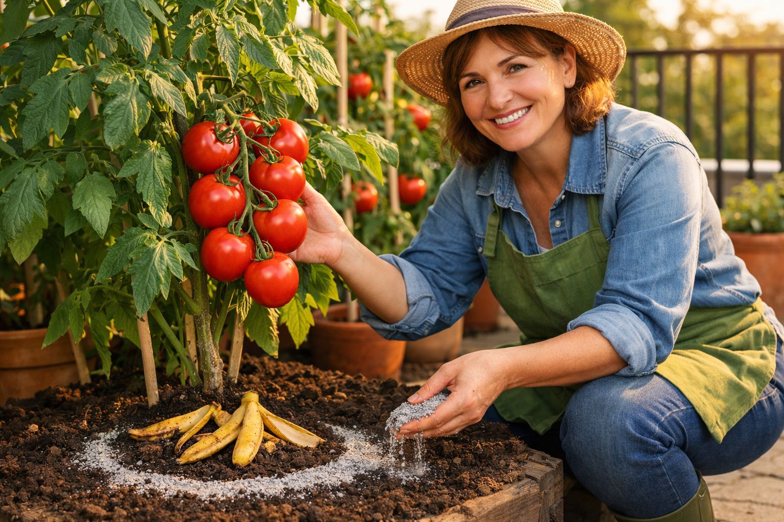 Mulher sorridente cuida de tomateiro em vaso, usando avental e chapéu de palha, em jardim ensolarado.