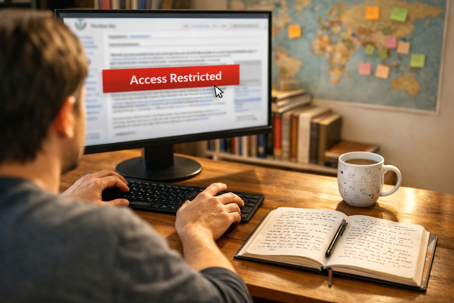 Pessoa acessando computador com mensagem "Access Restricted" e caderno aberto com caneta em mesa de madeira.