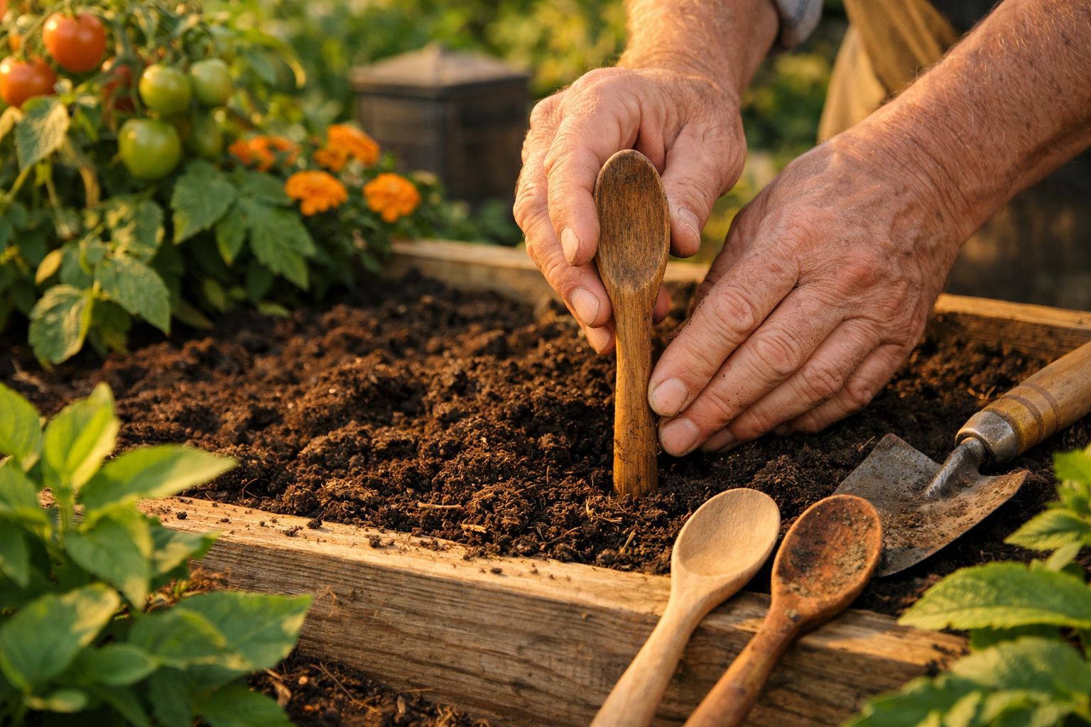 Mãos plantando sementes em solo fértil de canteiro com colheres de madeira ao lado.